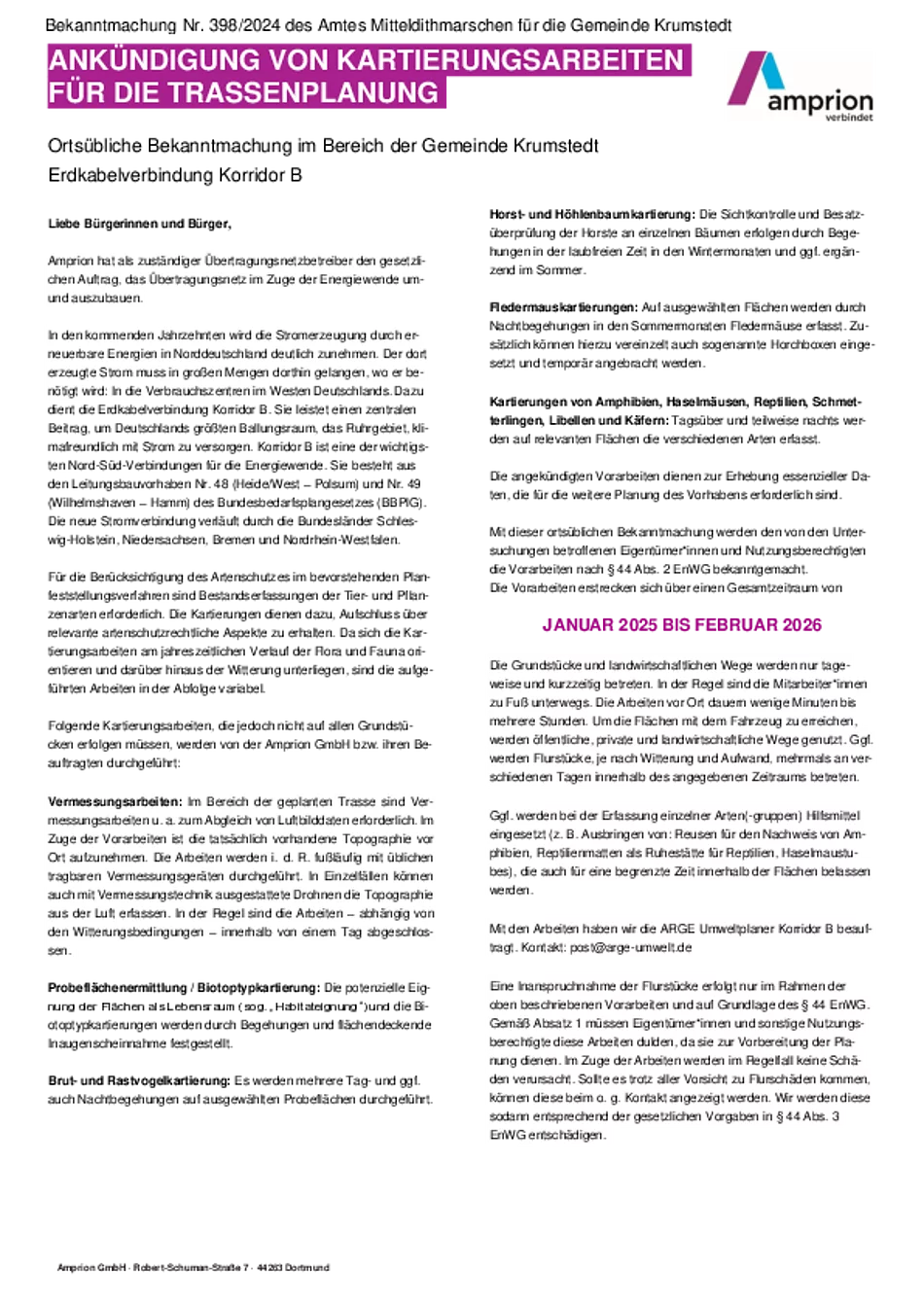 Nr. 398 Ortsübliche Bekanntmachung im Bereich der Gemeinde Krumstedt Erdkabelverbindung Korridor B