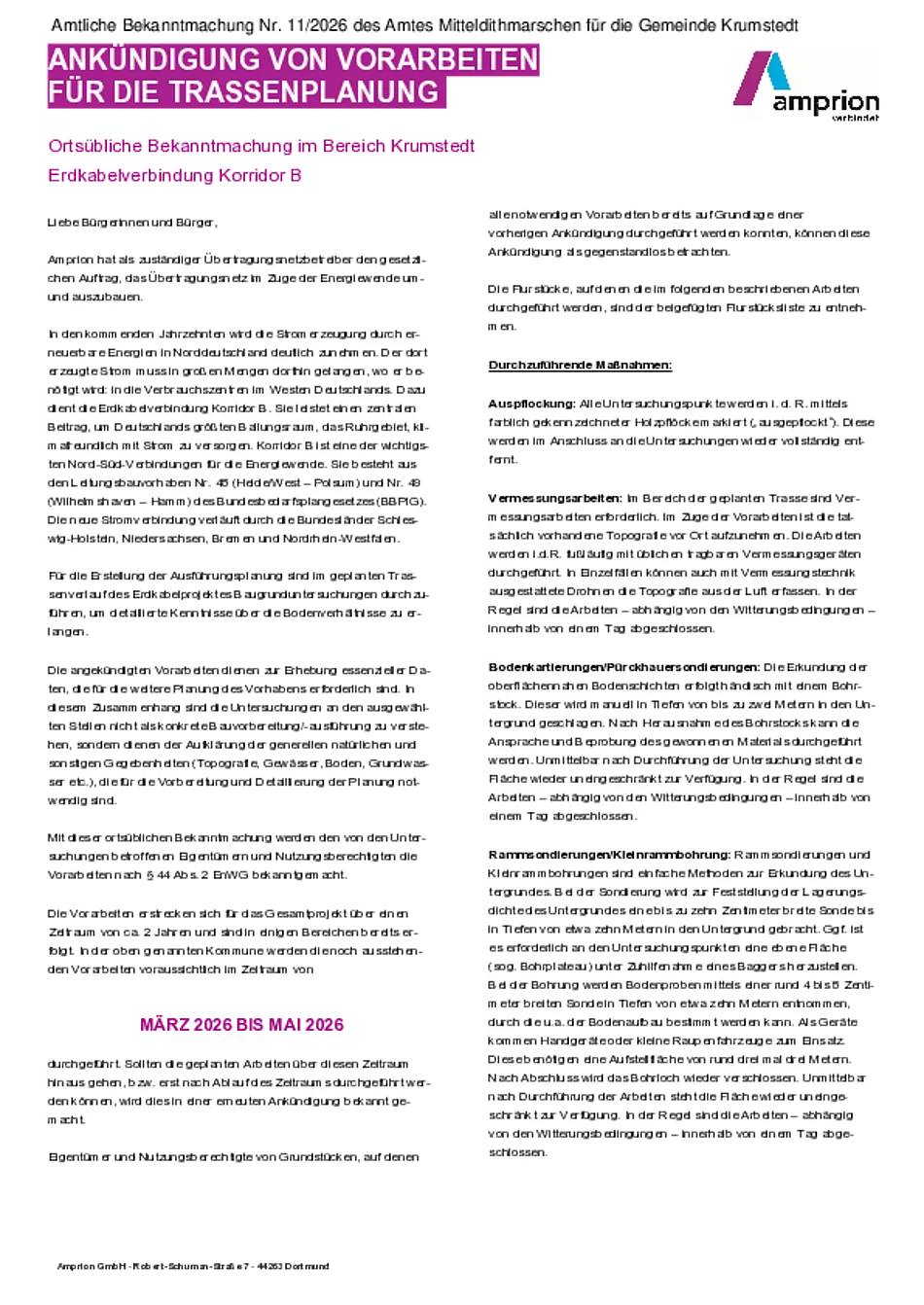 Nr. 11 Ankündigung von Vorarbeiten für die Trassenplanung Erdkabelverbindung Korridor B