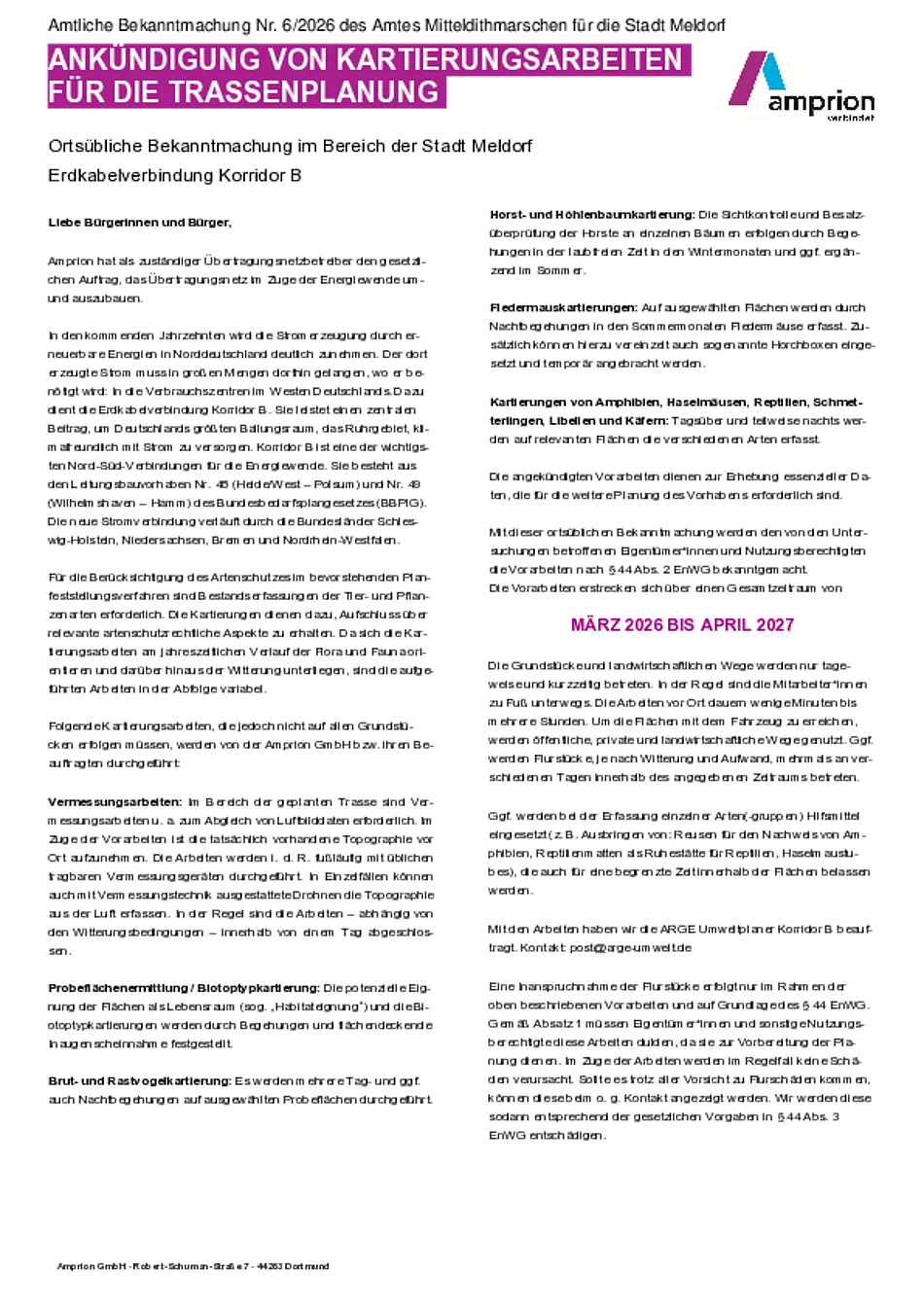 Nr. 6 Ankündigung von Kartierungsarbeiten für die Trassenplanung Erdkabelverbindung Korridor B