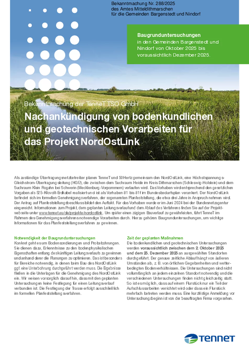 Nr. 288 Nachankündigung von bodenkundlichen und geotechnischen Vorarbeiten für das Projekt NordOstLink